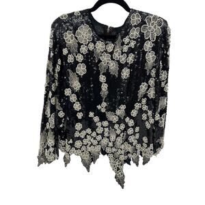 Vintage Women's Black White Sequin Beaded Floral Asymmetrical Blouse Top Size XL